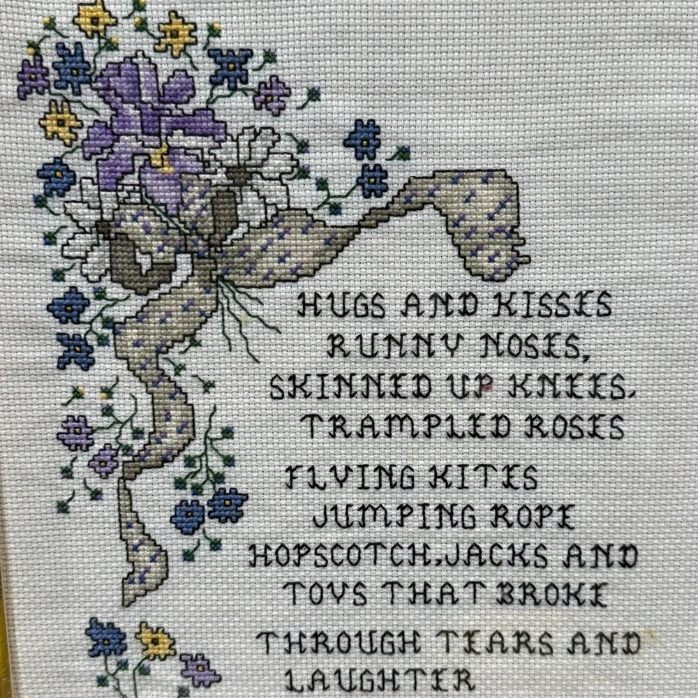 Vintage Handmade Cross Stitch Framed Wall Art Thank You Mom Poem Floral Decor‎